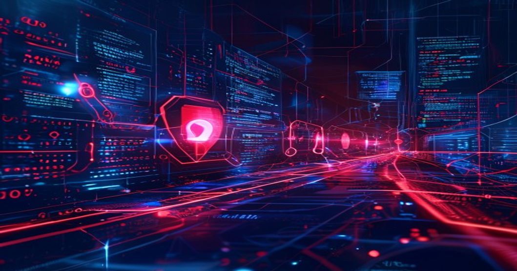 Dark cybersecurity artwork depicting AI supply chain pipeline with red warning indicators and cracked security elements