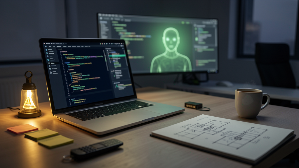 Developer workstation showing AI-assisted coding with subtle warning cues, representing the risks of vibe coding without guardrails.